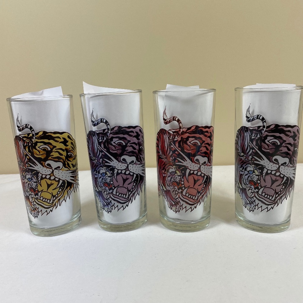 Set of 4 ED HARDY Tiger 3E Trading Collectible 12 Oz Drinking Glasses 6" Tall